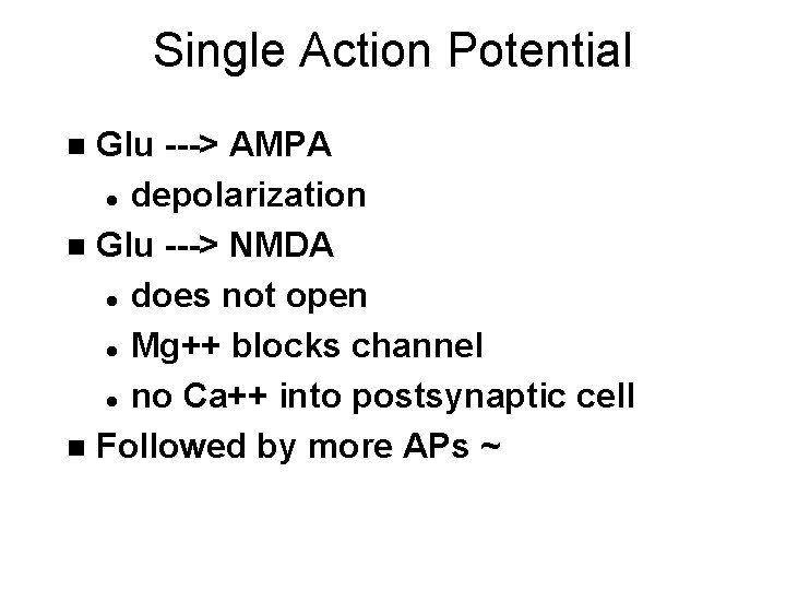 Single Action Potential Glu ---> AMPA l depolarization n Glu ---> NMDA l does