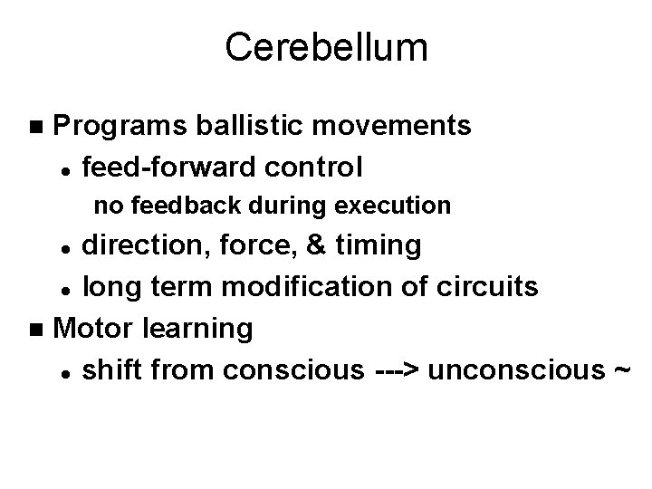 Cerebellum n Programs ballistic movements l feed-forward control no feedback during execution direction, force,