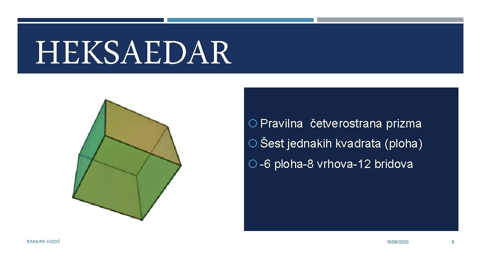 HEKSAEDAR Pravilna četverostrana prizma Šest jednakih kvadrata (ploha) -6 ploha-8 vrhova-12 bridova SANDRA KOZIĆ