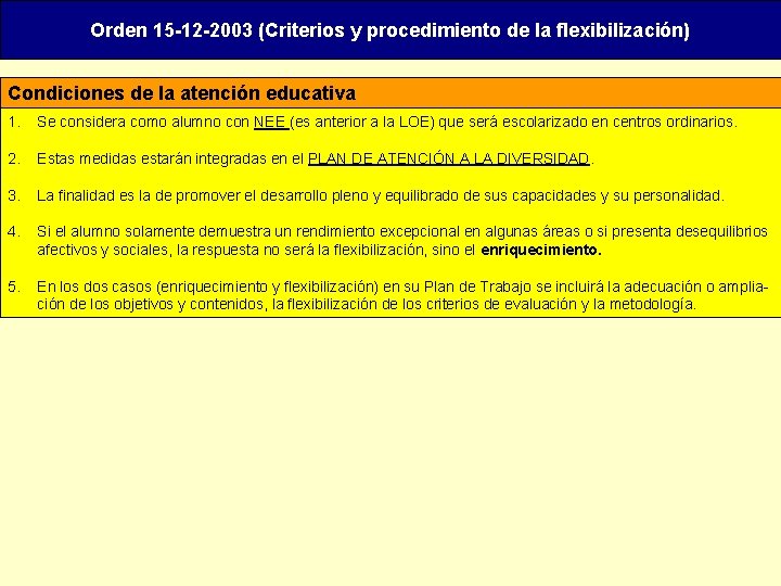 Orden 15 -12 -2003 (Criterios y procedimiento de la flexibilización) Condiciones de la atención