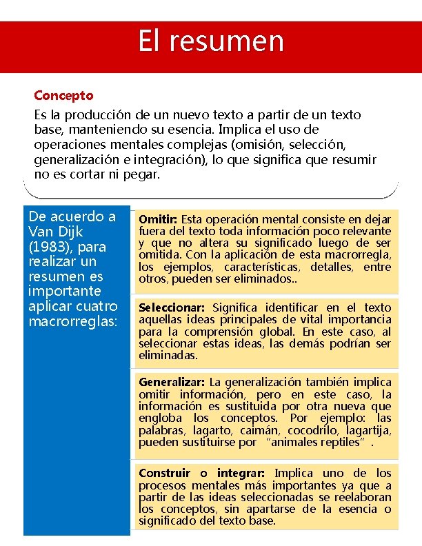 El resumen Concepto Es la producción de un nuevo texto a partir de un
