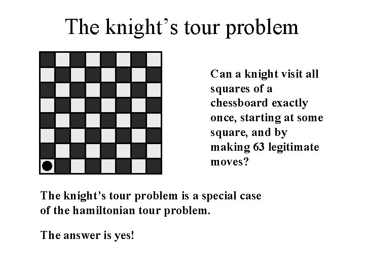 The knight’s tour problem Can a knight visit all squares of a chessboard exactly