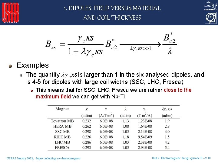 1. DIPOLES: FIELD VERSUS MATERIAL AND COIL THICKNESS Examples The quantity c s is