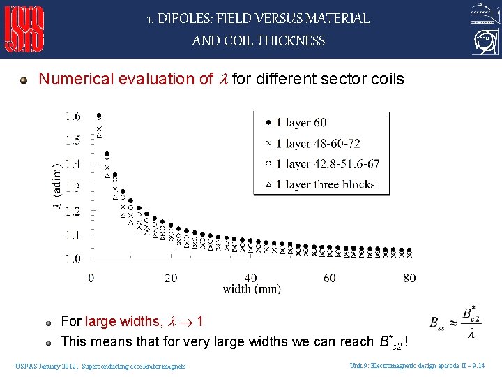 1. DIPOLES: FIELD VERSUS MATERIAL AND COIL THICKNESS Numerical evaluation of for different sector
