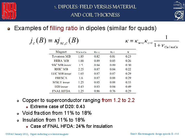 1. DIPOLES: FIELD VERSUS MATERIAL AND COIL THICKNESS Examples of filling ratio in dipoles