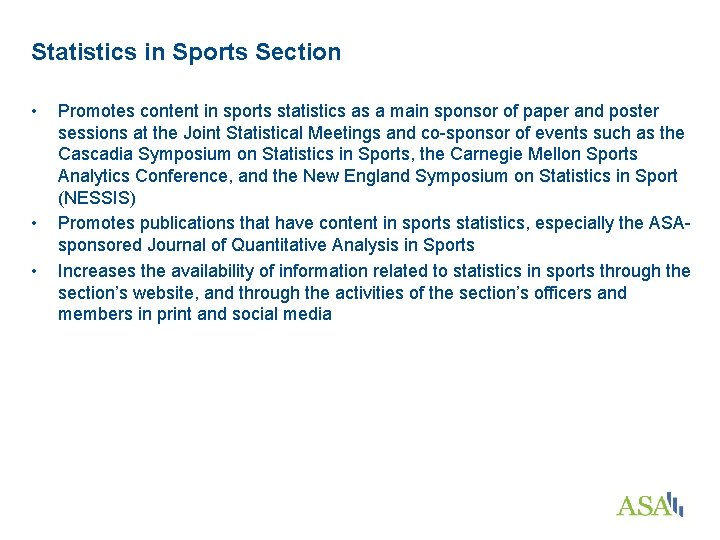 Statistics in Sports Section • • • Promotes content in sports statistics as a