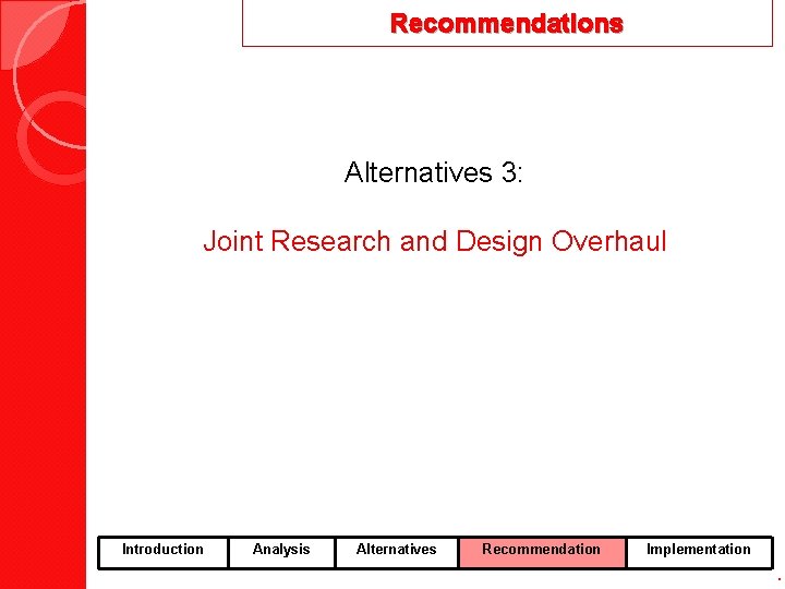 Recommendations Alternatives 3: Joint Research and Design Overhaul Introduction Analysis Alternatives Recommendation Implementation .