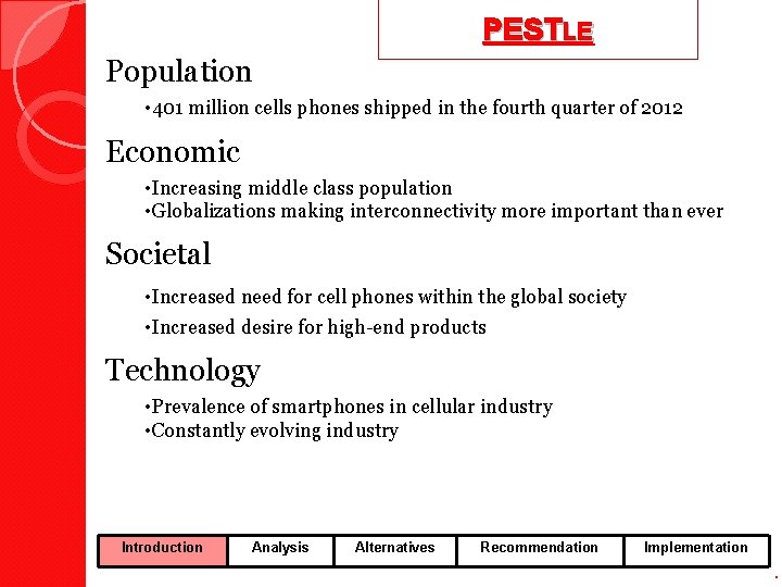 PESTLE Population • 401 million cells phones shipped in the fourth quarter of 2012