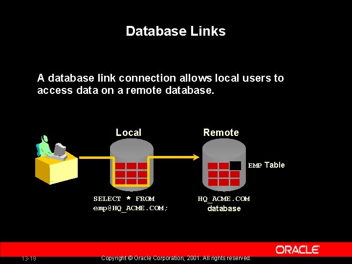 Database Links A database link connection allows local users to access data on a
