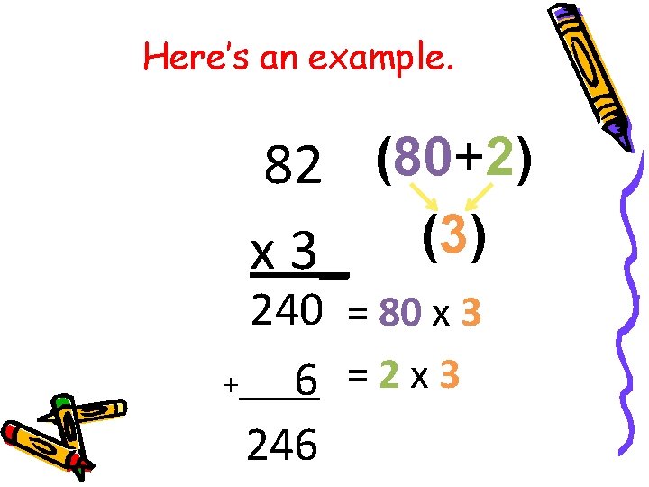 Here’s an example. 82 (80+2) (3) x 3_ 240 = 80 x 3 +_____