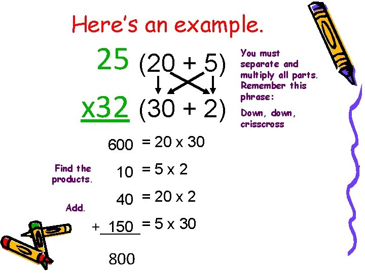 Here’s an example. 25 (20 + 5) x 32 (30 + 2) 600 =