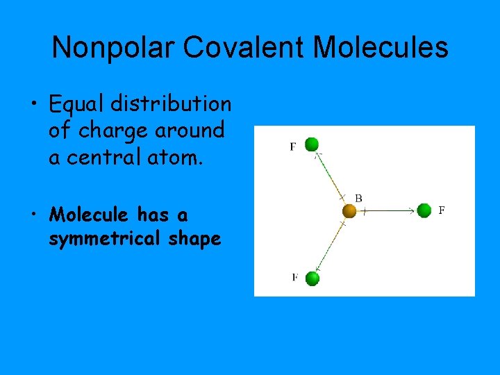 Nonpolar Covalent Molecules • Equal distribution of charge around a central atom. • Molecule