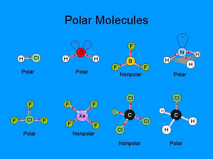 Polar Molecules. . F N O Cl H . . H H Polar F