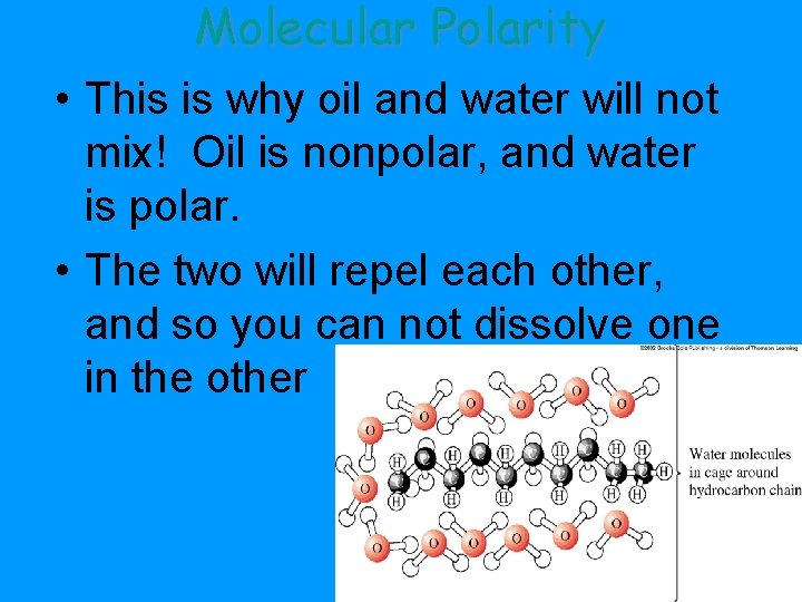 Molecular Polarity • This is why oil and water will not mix! Oil is