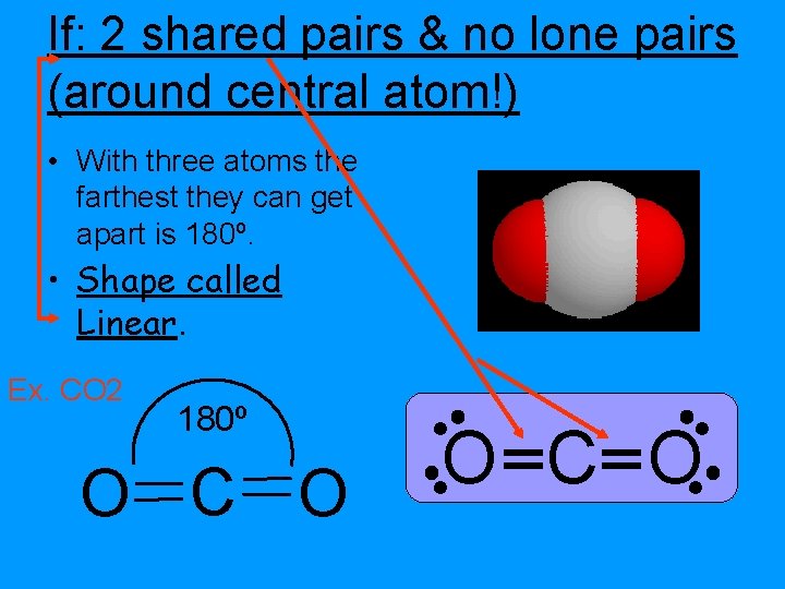 If: 2 shared pairs & no lone pairs (around central atom!) • With three