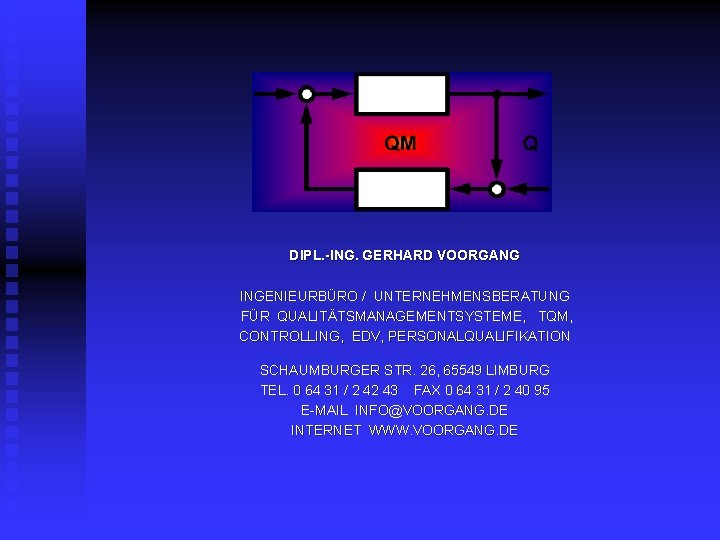  DIPL. -ING. GERHARD VOORGANG INGENIEURBÜRO / UNTERNEHMENSBERATUNG FÜR QUALITÄTSMANAGEMENTSYSTEME, TQM, CONTROLLING, EDV, PERSONALQUALIFIKATION