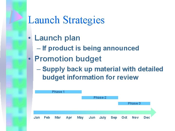 Launch Strategies • Launch plan – If product is being announced • Promotion budget