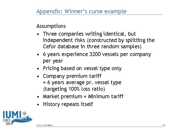 Appendix: Winner’s curse example Assumptions • Three companies writing identical, but independent risks (constructed