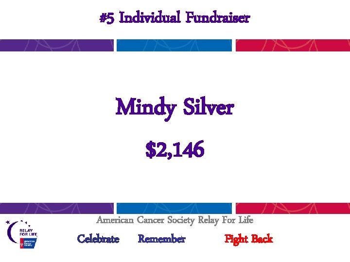 #5 Individual Fundraiser Mindy Silver $2, 146 American Cancer Society Relay For Life Celebrate