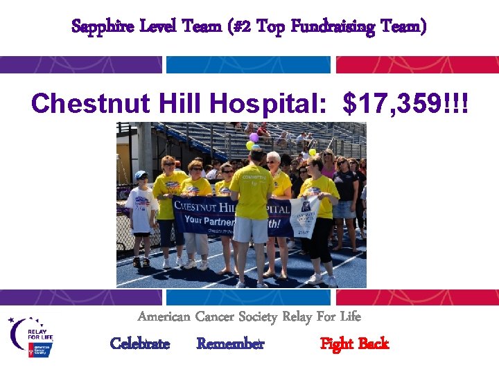 Sapphire Level Team (#2 Top Fundraising Team) Chestnut Hill Hospital: $17, 359!!! American Cancer