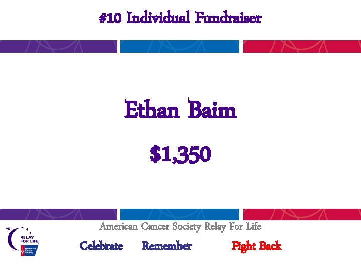 #10 Individual Fundraiser Ethan Baim $1, 350 American Cancer Society Relay For Life Celebrate