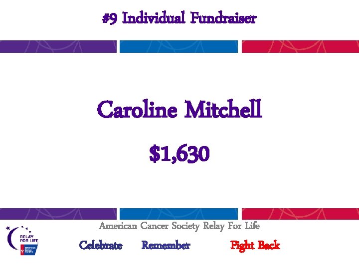 #9 Individual Fundraiser Caroline Mitchell $1, 630 American Cancer Society Relay For Life Celebrate