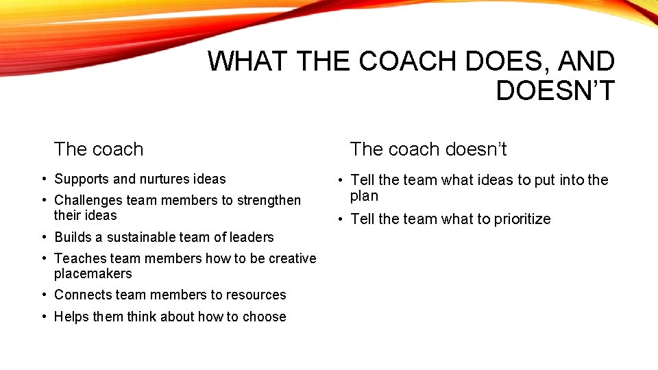 WHAT THE COACH DOES, AND DOESN’T The coach • Supports and nurtures ideas •