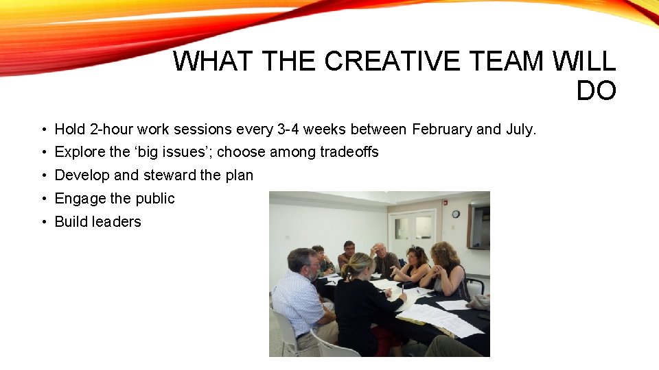 WHAT THE CREATIVE TEAM WILL DO • Hold 2 -hour work sessions every 3