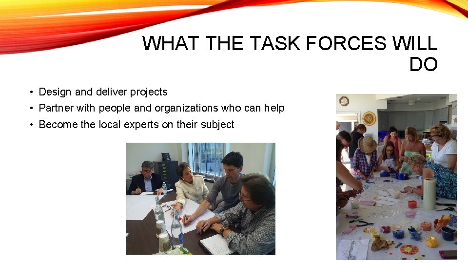 WHAT THE TASK FORCES WILL DO • Design and deliver projects • Partner with