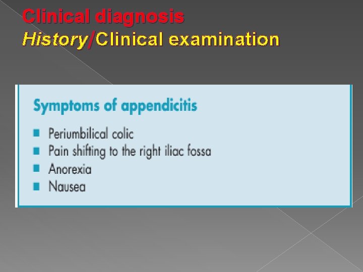 Clinical diagnosis History/Clinical examination 