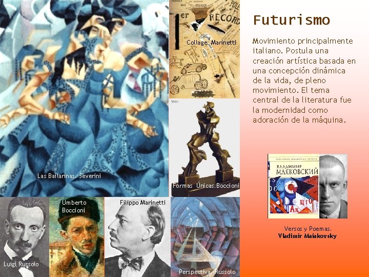 Futurismo Collage. Marinetti Movimiento principalmente italiano. Postula una creación artística basada en una concepción