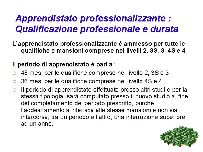 Apprendistato professionalizzante : Qualificazione professionale e durata L’apprendistato professionalizzante è ammesso per tutte le