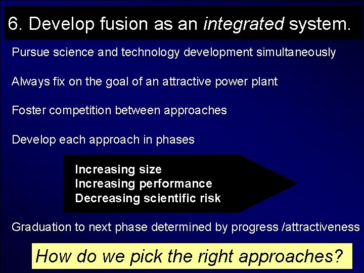 6. Develop fusion as an integrated system. Pursue science and technology development simultaneously Always