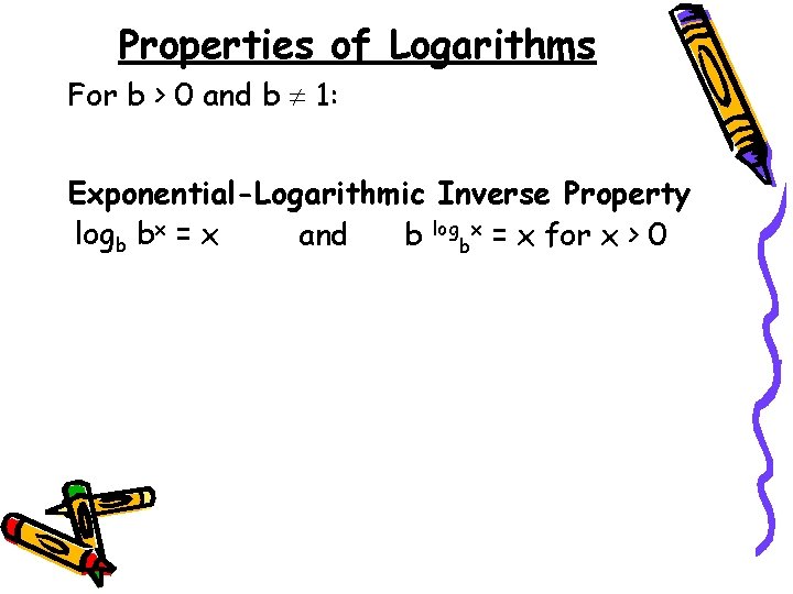Properties of Logarithms For b > 0 and b 1: Exponential-Logarithmic Inverse Property logb