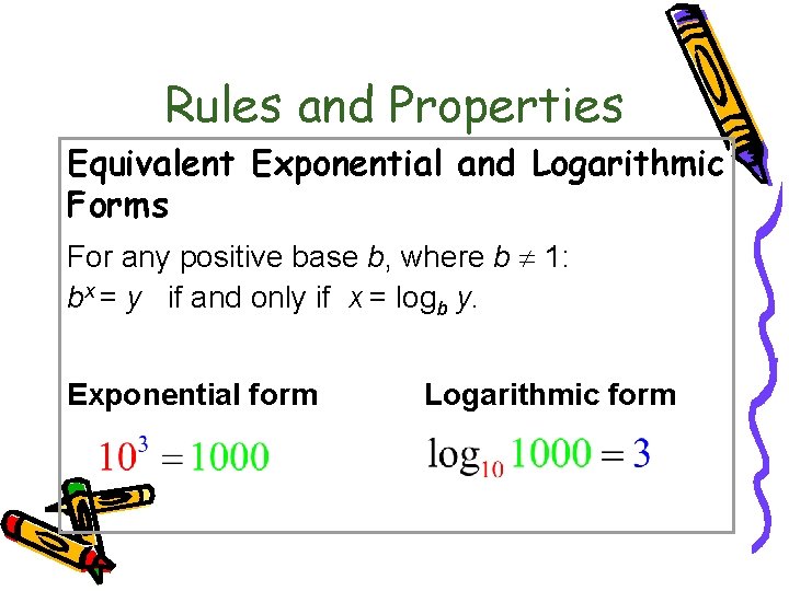 10. 2 Logarithmic Functions Rules and Properties Equivalent Exponential and Logarithmic Forms For any