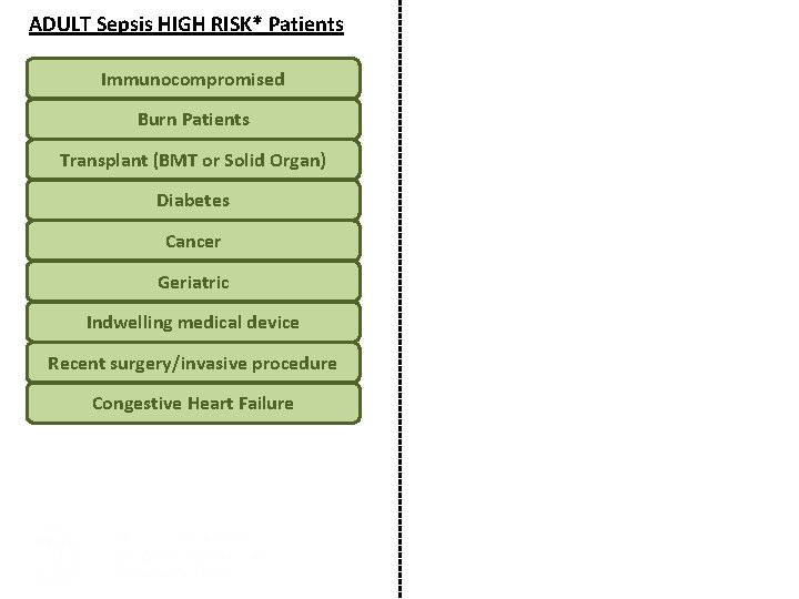 ADULT Sepsis HIGH RISK* Patients Immunocompromised Burn Patients Transplant (BMT or Solid Organ) Diabetes