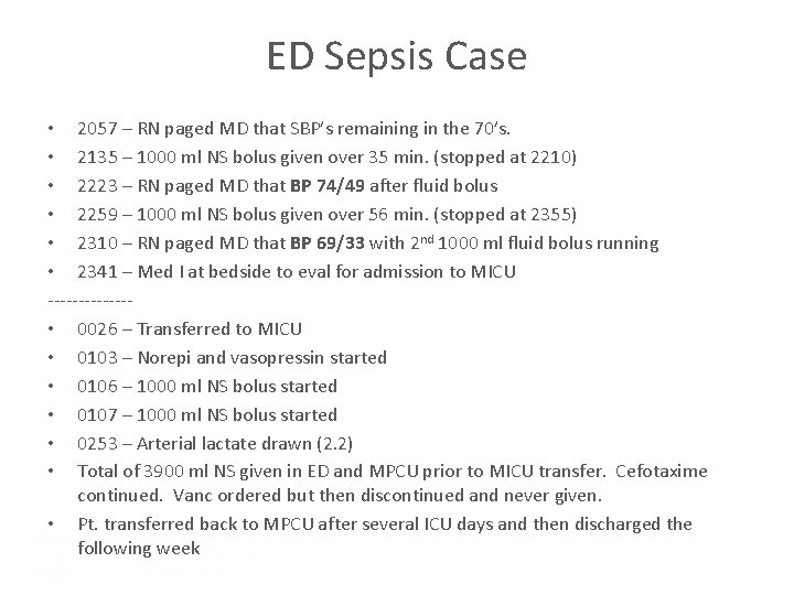 ED Sepsis Case • 2057 – RN paged MD that SBP’s remaining in the