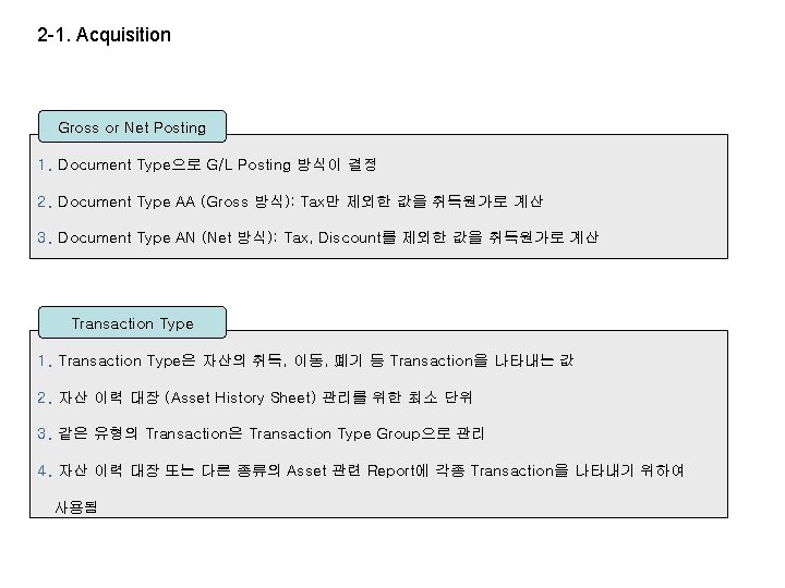 2 -1. Acquisition Gross or Net Posting 1. Document Type으로 G/L Posting 방식이 결정