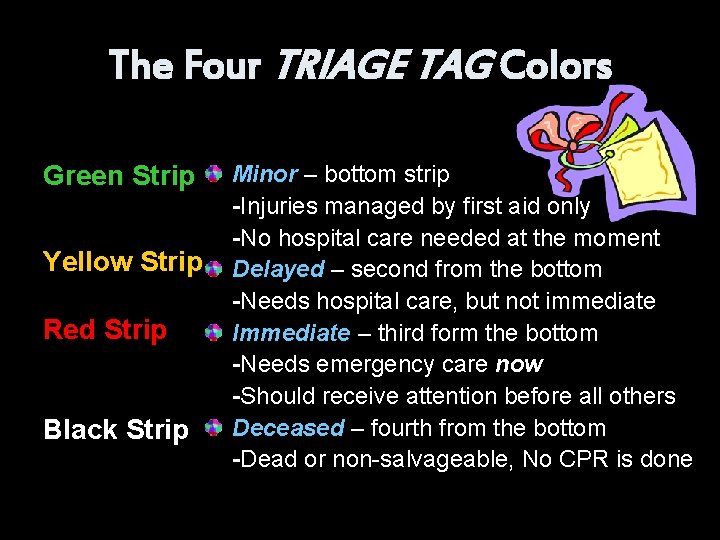 The Four TRIAGE TAG Colors Green Strip Yellow Strip Red Strip Black Strip Minor