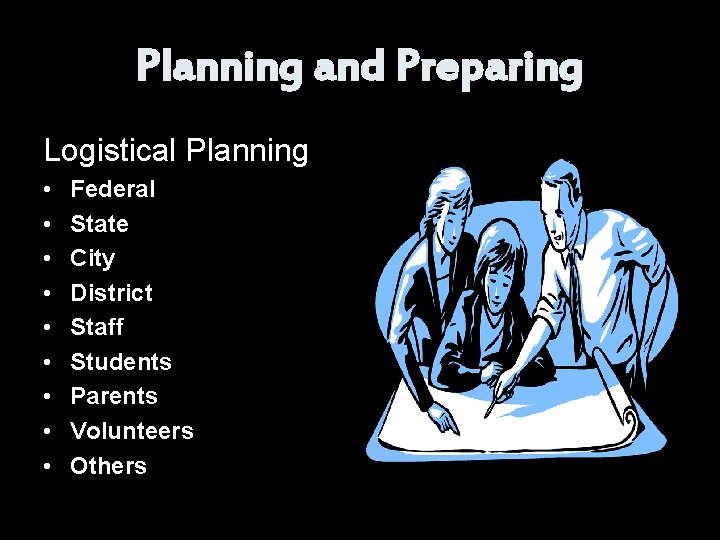 Planning and Preparing Logistical Planning • • • Federal State City District Staff Students