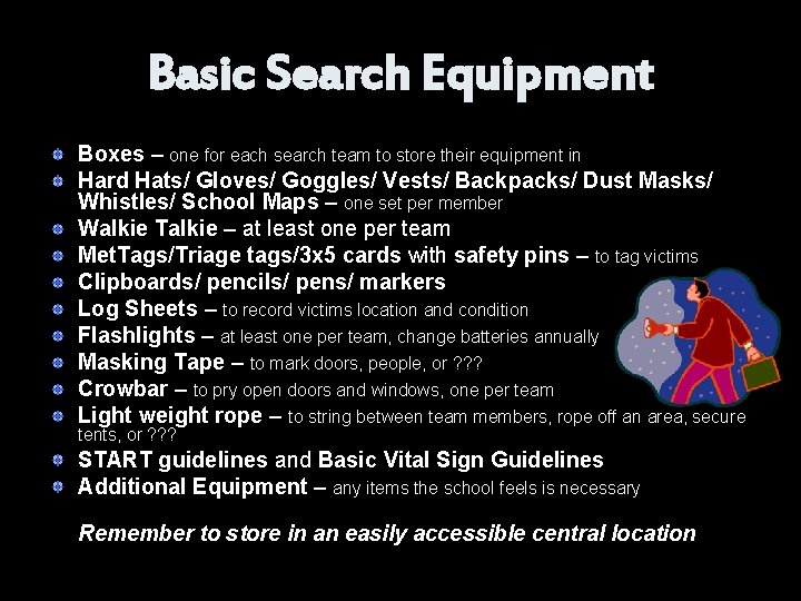 Basic Search Equipment Boxes – one for each search team to store their equipment