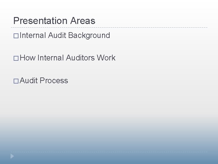 Presentation Areas � Internal � How Audit Background � Audit Internal Auditors Work Process