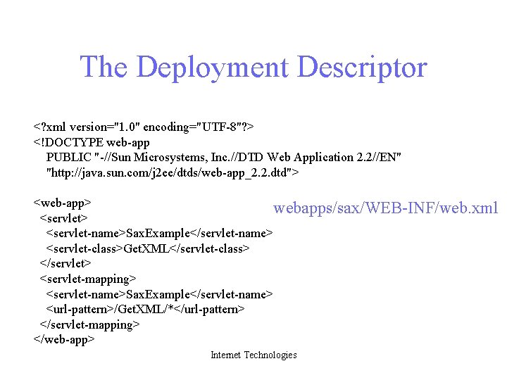 The Deployment Descriptor <? xml version="1. 0" encoding="UTF-8"? > <!DOCTYPE web-app PUBLIC "-//Sun Microsystems,