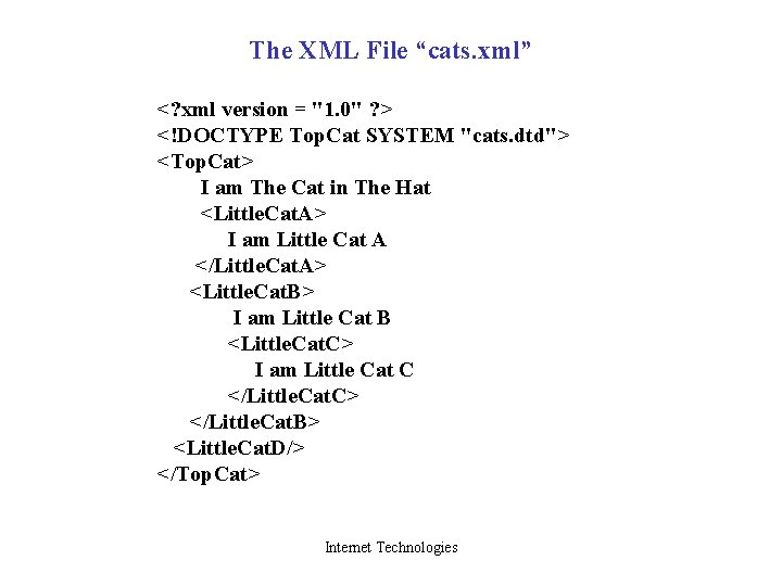 The XML File “cats. xml” <? xml version = "1. 0" ? > <!DOCTYPE