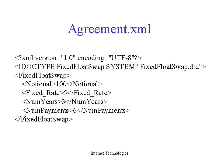 Agreement. xml <? xml version="1. 0" encoding="UTF-8"? > <!DOCTYPE Fixed. Float. Swap SYSTEM "Fixed.