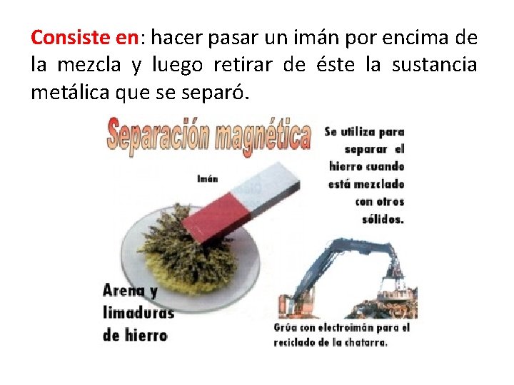 Consiste en: hacer pasar un imán por encima de la mezcla y luego retirar
