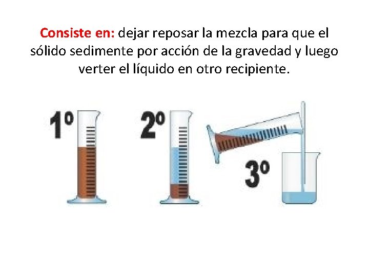 Consiste en: dejar reposar la mezcla para que el sólido sedimente por acción de