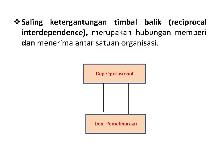 v Saling ketergantungan timbal balik (reciprocal interdependence), merupakan hubungan memberi dan menerima antar satuan