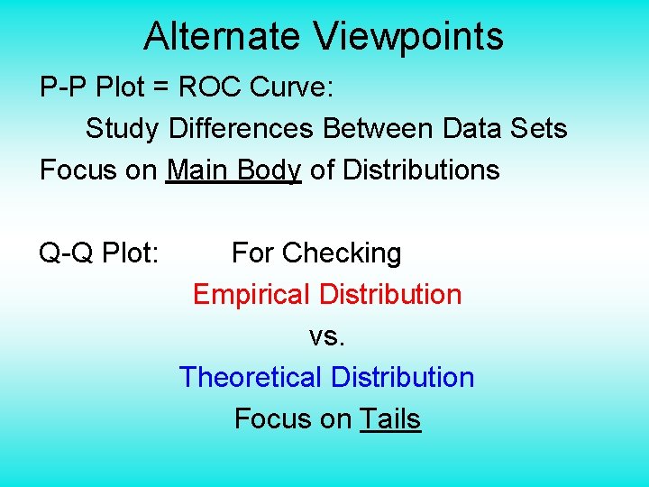 Alternate Viewpoints P-P Plot = ROC Curve: Study Differences Between Data Sets Focus on