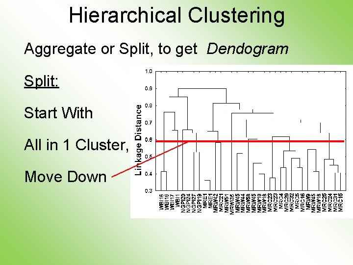 Hierarchical Clustering Aggregate or Split, to get Dendogram Split: Start With All in 1